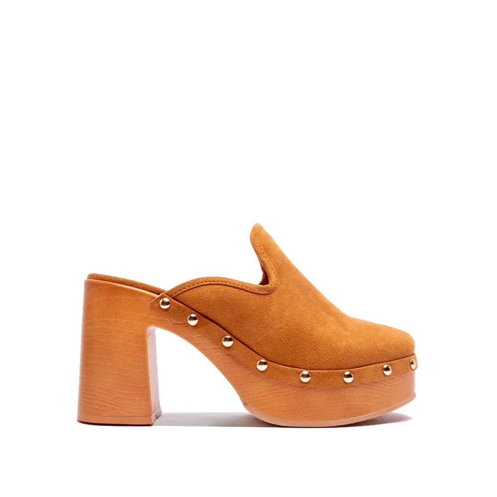 Qupid Tan Platform Stud Mule Heels